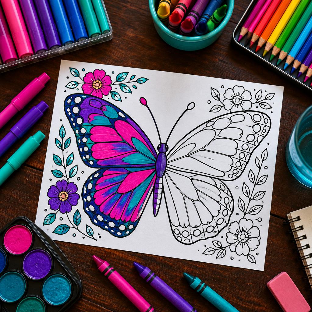 Butterfly coloring page with markers